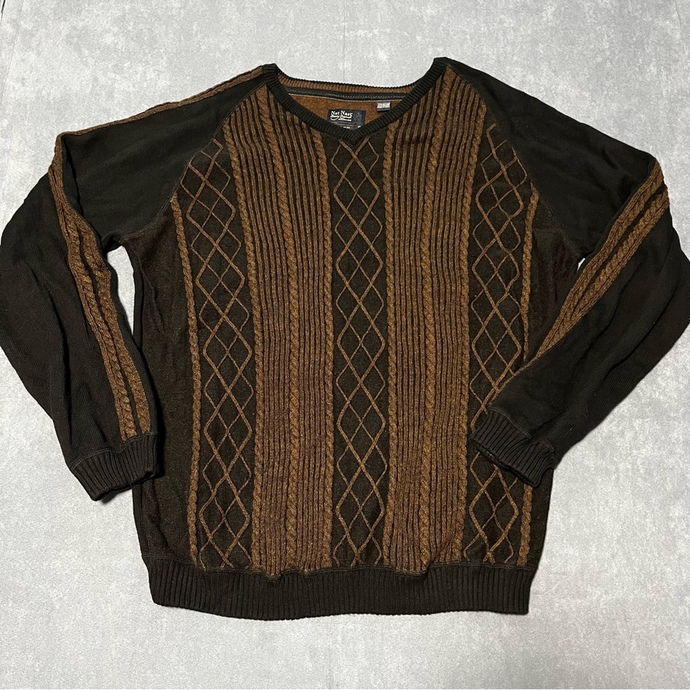 Nat Nast Luxury Originals Sz XL Cotton Cashmere Brown 3D Knit V-Neck Sweater